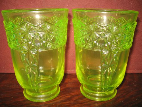 pair of Vaseline glass daisy and button tumblers cup goblet uranium yellow queen