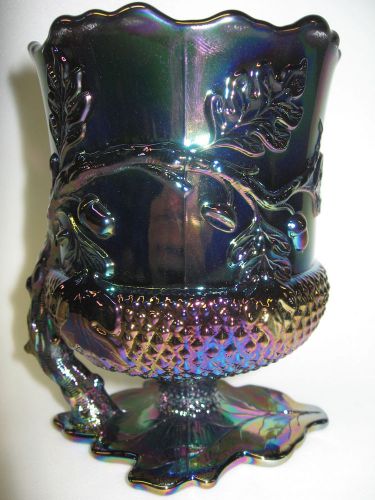 purple Amethyst carnival glass acorn oak leaf pattern spooner / vase dish black