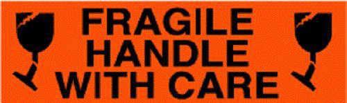 2X5-3/8 &#034;FRAGILE HANDLE WITH CARE W/BROKEN GLASS&#034; BLK/ORNG LABELS STICKERS 500ct