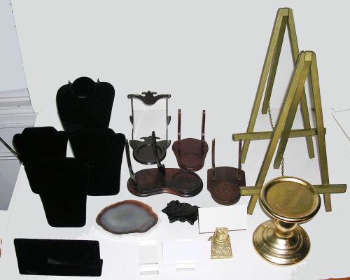 Lot of 14 retail display stands jewelry cup and saucer easels business card more for sale