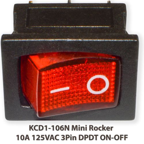 (20 pcs) kcd1-106n mini rocker red with lamp 10a 125vac 3pin spst on-off boat for sale