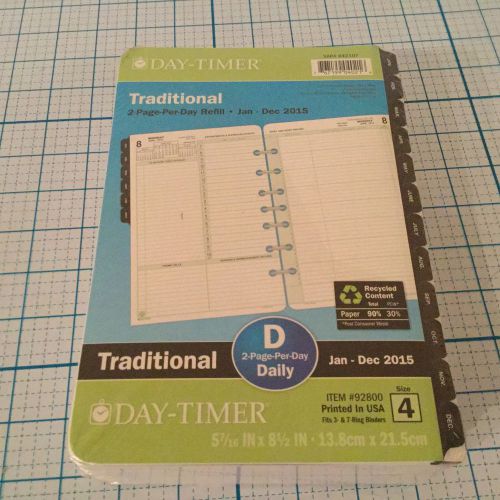 NEW DAY TIMER TRADITIONAL 2 PAGE PER DAY REFILL 2015. #92800 -  SIZE 4 - PLANNER