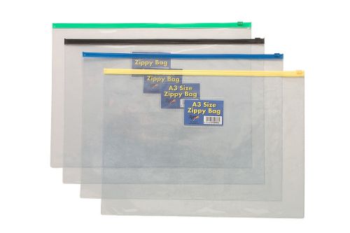 12 x A3 Plastic Zippy Bags - Zip File Storage Document Folder Wallet Sleeve