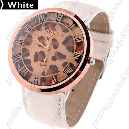 Round Leopard PU Leather Lady Ladies Wrist Quartz Wristwatch Women&#039;s White