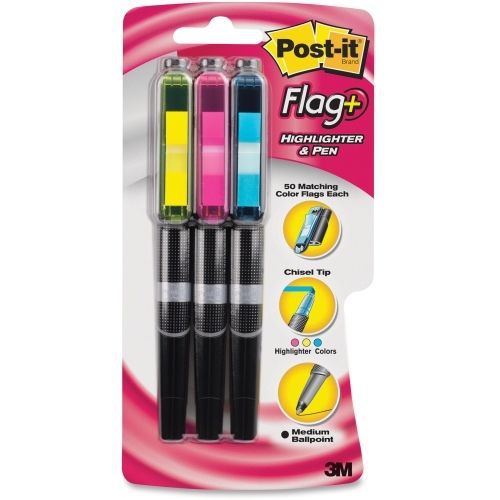 Post-it Flag Pen and Highlighter - Yellow, Pink, Blue Ink - 3/Pack - MMM691HLP3