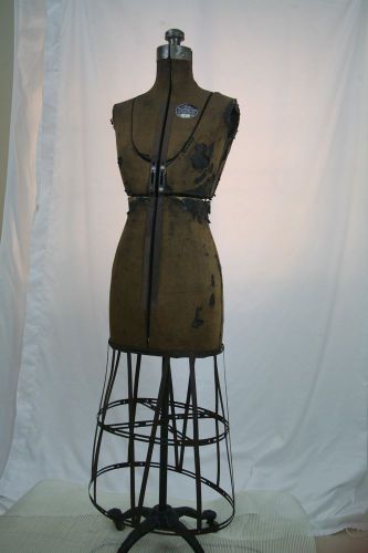 Vintage Antique Industrial Dressform Mannequin Victorian  w/ Brown dress and hat