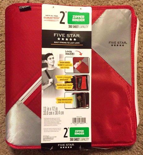 RED Five Star 2&#034; Zipper 3-Ring Binder 380 Sheet Capacity w/Pencil Pouch *New*