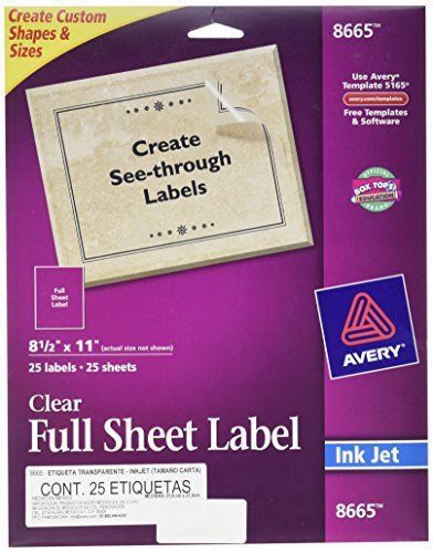 Avery Clear Full-Sheet Labels, Inkjet Printers, 8.5 X 11&#034;Es, Pack Of 25 (8665)