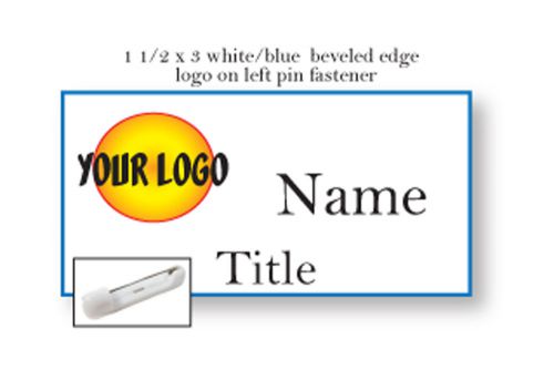 1 white /  blue name badge color logo on left 2 lines of imprint pin fastener for sale