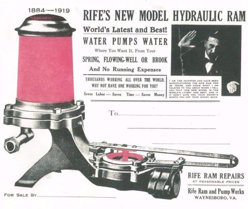 Rife&#039;s new model hydraulic ram water pump waynesboro virginia 1884-1919 book for sale
