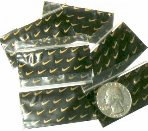 200 Swoosh baggies 2 x 1&#034; gold/black  Mini ziplock bags  Apple 2010