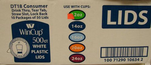 New Wincup DT18 WHITE Drink Thru,Tear Tab,Straw Slot,Lock Back Lids-500 Count