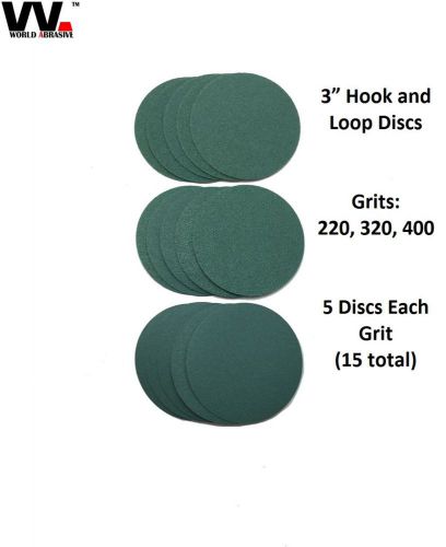 World abrasive 3&#034; no hole hook &amp; loop variety pack (5 each of 220, 320, 400) for sale