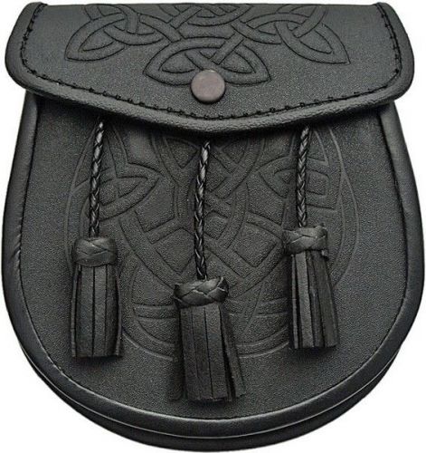 Pakistan pa3345 celtic knot sporran w/snap leather black 7.5&#034;x7&#034; for sale