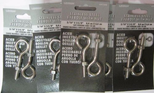 LOT OF 10 Stainless Steel Eye Bolts w/nuts - 3/16&#034; x 2-5/8&#034;