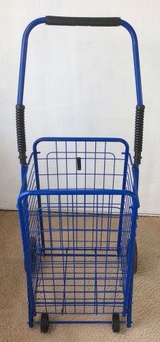 Blue Shopping Folding Rolling Cart Foldable Sturdy Metal Basket Trolley