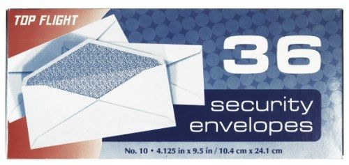 Top Flight Boxed Number 10 Security Envelopes, 4.125 x 9.5 Inches, White with