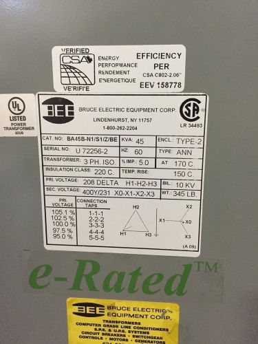 45 KVA TRANSFORMER, 208 DELTA, 400Y/231, BA45B-N1/S1/Z/BE, ENERGY SAVER, E RATED