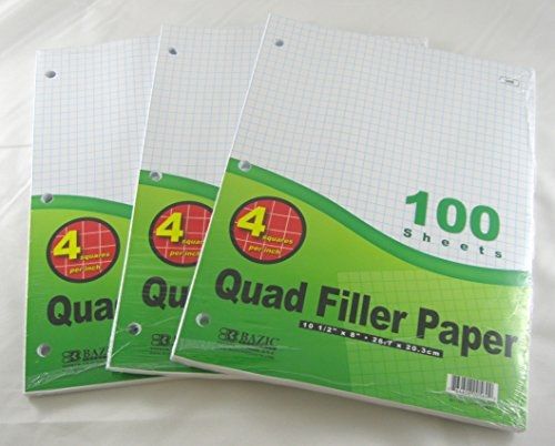 3 Pk, Bazic 4-1&#034; Quad Ruled Filler Paper 100 Ct. Per Set