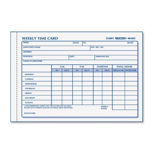 Rediform time card pad, weekly, manila, 4.25 x 6&#034; 100 cards (4k403) for sale