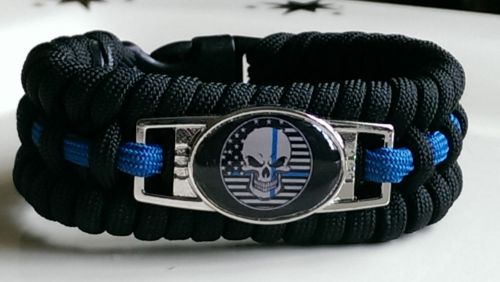Thin Blue Line Punisher Skull USA Black &amp; White Flag Trilobite Paracord Bracelet