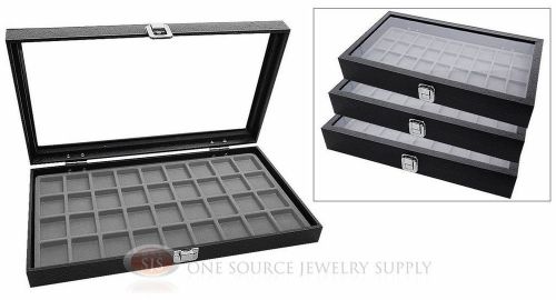 (3) Glass Top Wooden Cases w/ Gray 36 Compartment Organizer Storage Inserts