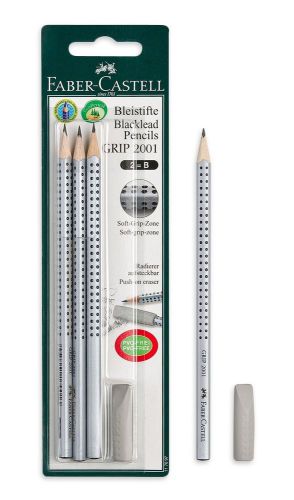 Faber Castell Pencil Set Grip 2001 with Push on Eraser 3 pencils Grey color