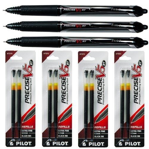 Pilot Precise V5 Rt, 3 Pens 26062 with 4 Packs of Refills, Black Ink, 0.5mm