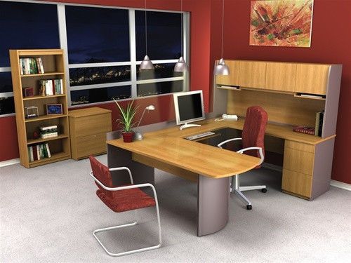 Modern U-shaped Office Desk with Hutch in Cappuccino Cherry Finish Free Shipping