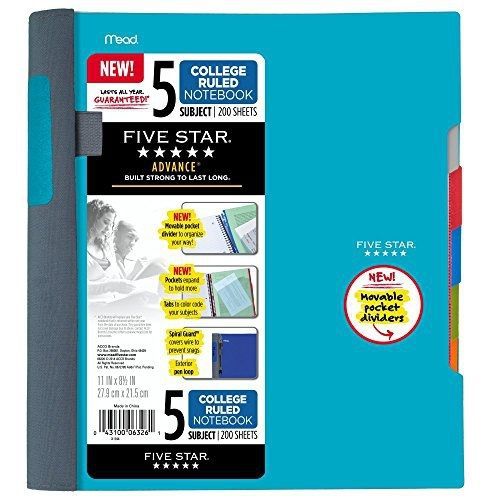 Five Star Advance Spiral Notebook-Standard Size, 5 Subject, College Ruled, 8.5 x