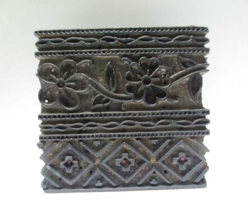 VINTAGE WOOD CARVED TEXTILE PRINT FABRIC BLOCK STAMP GEOMETRICAL N FLORAL LARGE