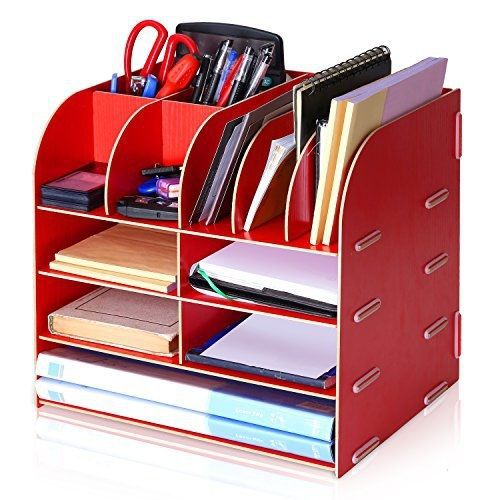 MyGift Red Card Board Desktop Caddy Organizer Shelf Rack / Mail Sorter / Pen &amp;