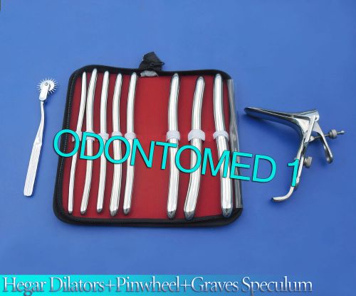 HEGAR DILATOR SOUNDS 8 PCS +WARTENBERG PINWHEEL+ GRAVES VAGINAL SPECULUM LARGE