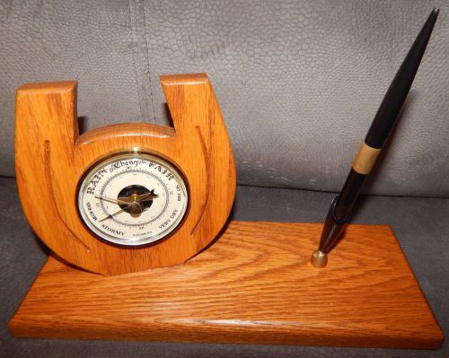 Amish Handcrafted Solid Oak Horseshoe Desk Set Pen &amp; Barometer Handmade Wood