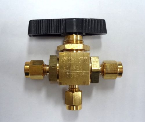 Mini Brass Ball Valve, 3-Way, 1/8&#034; Compression Connections, 1500 PSI
