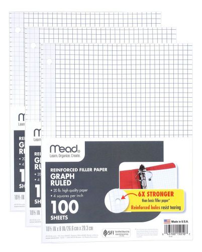 Mead Filler Paper Graph Ruled Q4 Reinforced 10-1/2&#034; x 8&#034; Loose Leaf 3 Pack (3...