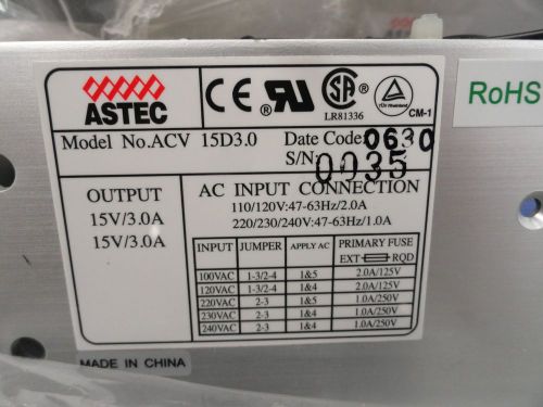 Astec ACV 15d3.0 Part # 73-385-022, NEW !!!  15V Power Supply