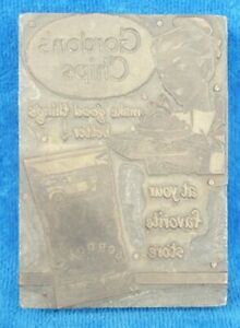 Vintage Gordon&#039;s Chips 4 1/2&#034; x 3&#034; Lead Mold on Wood Block