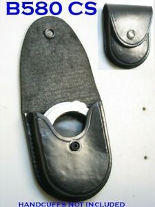 B580 Chromed Snap G&amp;G Police Round Bottom BLACK LEATHER Handcuff Case