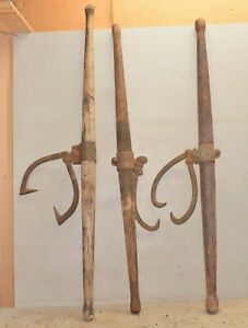 3 antique two man log carrier hauler railroad logging pick up hooks collectible