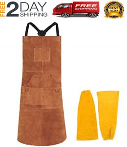 Leather Welding Apron with Welding Sleeves - Heat &amp; Flame Protection - Adustable