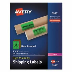 Avery 5956 High Visibility Neon Shipping Labels, 2&#034; x 4&#034;, 500 Labels (AVE5956)
