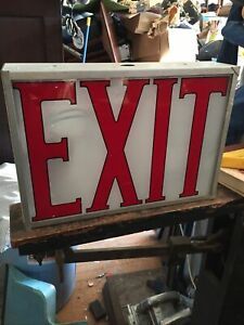 Vintage Lighted Exit Sign Metal Casing Glass Panel Double Sided Reverse Painted