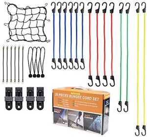 Bungee Cords With Hooks, 29pc Set, Canopy Ties, Tarp Clips &amp; Ball Bungees, Plast