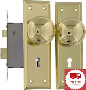 Door Entry Brass Locks Antique Vintage Hardware Complete Set Knob Mortise Handle