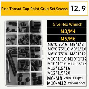 90pcs M6/8/10/12 Fine Thread Cup Point Grub Hex Socket Set Screws Kit 12.9 Black