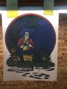 Vintage 1976 ITL Fisherman, River, Fishing Pole, Trees Iron-On Transfer T-5