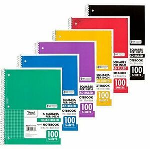 Spiral Quad Ruled Notebook, 1 Subject 5 Squares per inch 100 6 Pack Assorted