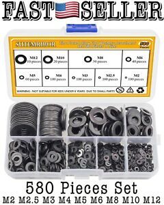 580 Pieces 9 Sizes Black Zinc Plated Alloy Steel Flat Washers Set - NEW! FAST!