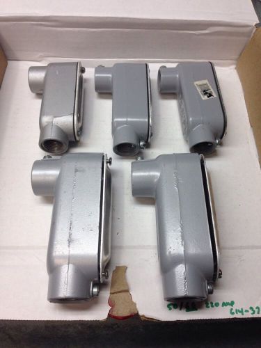 Lot of 5 aluminum type lb conduit body &amp; covers (1/2&#034; &amp; 3/4&#034;) for sale